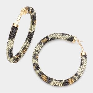 Leopard Black Gold Rhinestone Round Crystal Hoop Earrings Pave Bling Trend